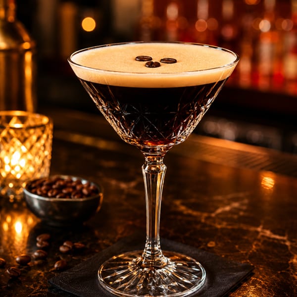 Espresso martini with creamy foam and coffee beans in a crystal coupe glass on a warmly lit bar.