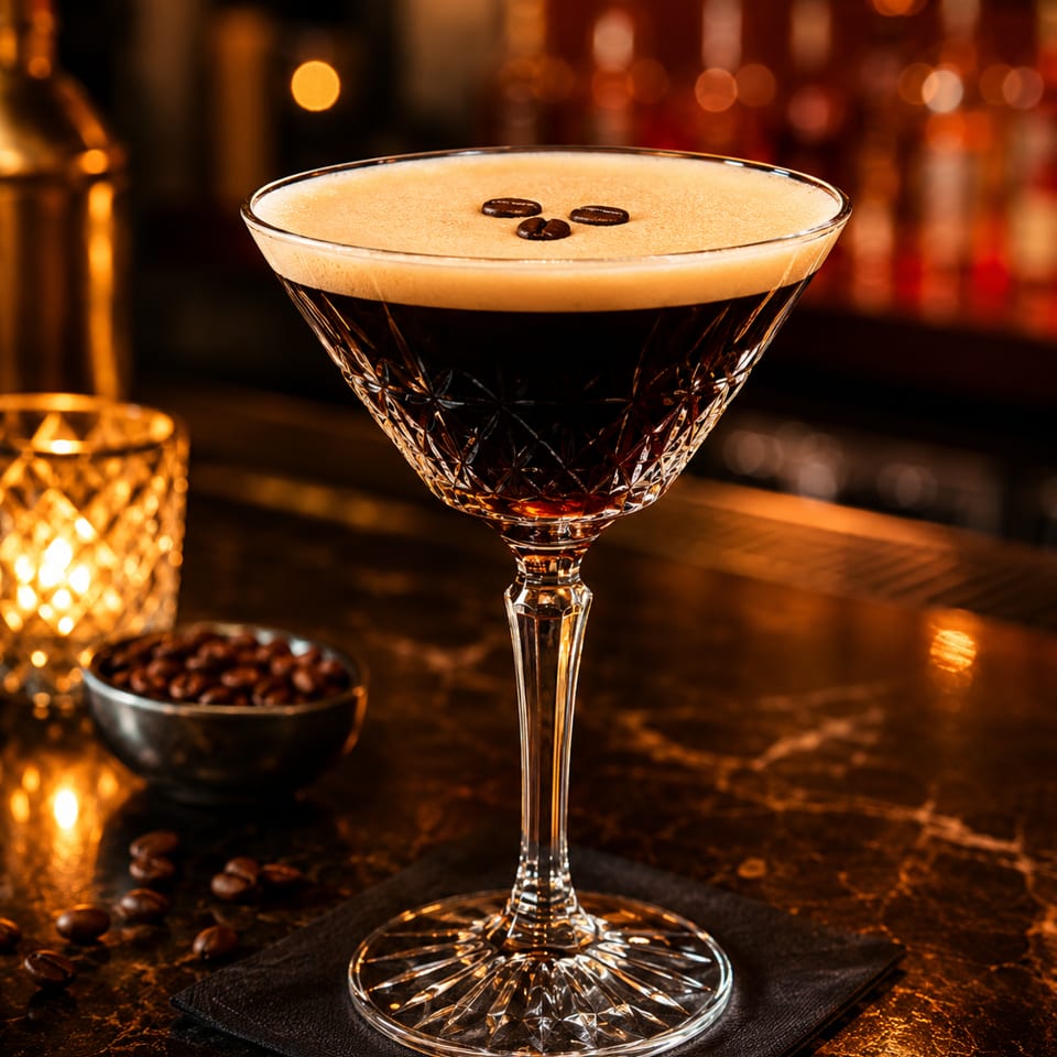 Espresso martini with three coffee beans in a cut-crystal glass on a bar, beside a bowl of coffee beans and candlelight.