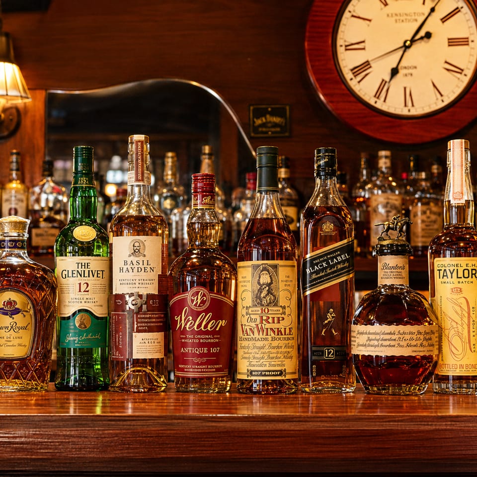 Bourbon and whiskey bottles line a warmly lit wooden bar beneath a large vintage clock and beside a glowing lamp.