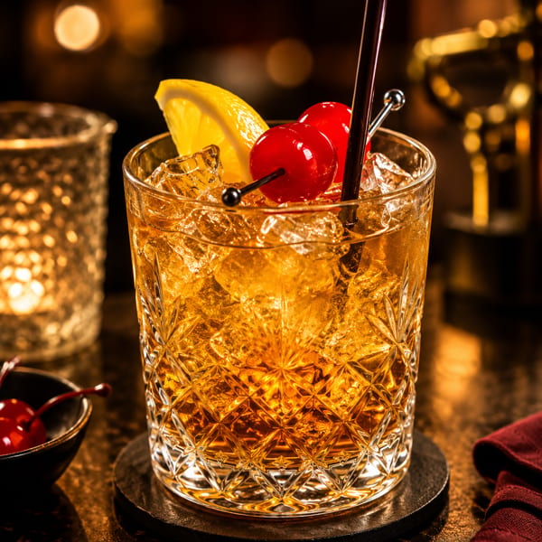 Amber cocktail with ice, cherries, orange wedge, and straw in an ornate tumbler on a warmly lit bar.